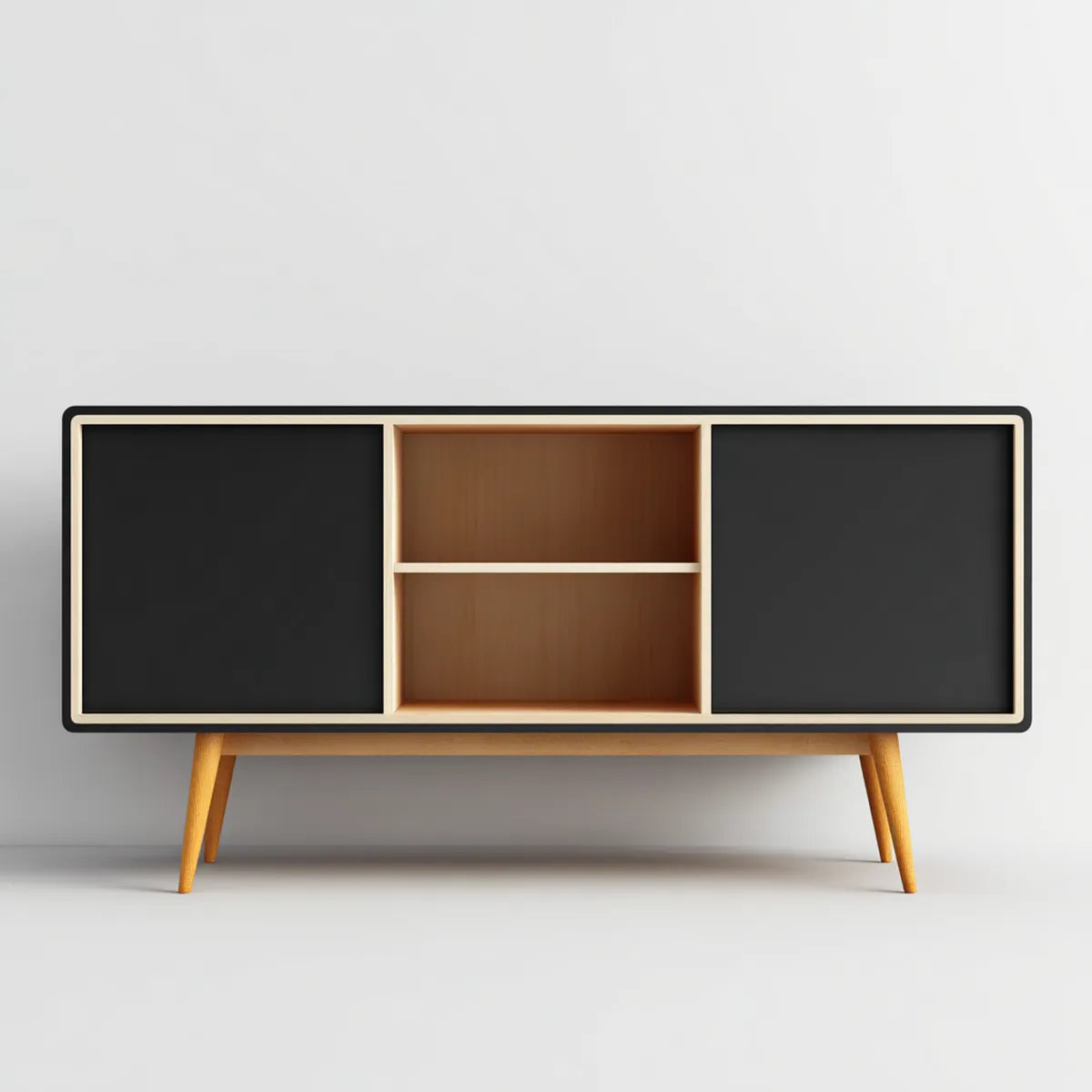 Buffet bas de salon rectangulaire noir et naturel 160 x 40 x 85 cm en MDF mélaminé et bois massif