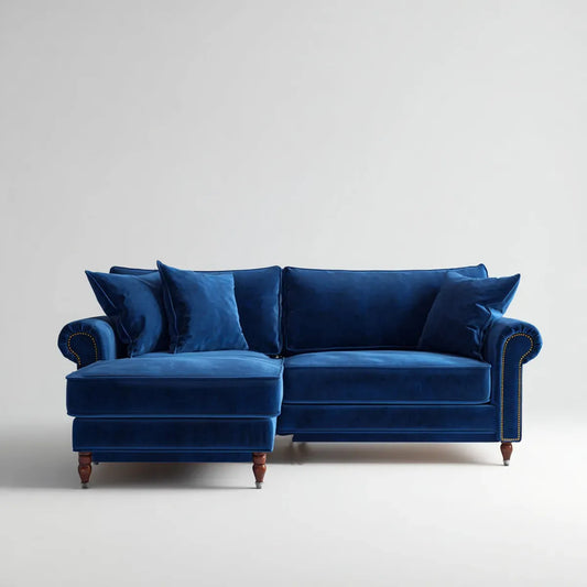 Canapé d'angle 3 places bleu nuit en velours polyester avec méridienne gauche en L 250 x 160 x 88 cm