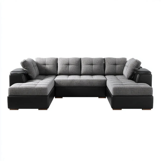 Canapé panoramique en U 6 places gris et noir en polyester et similicuir PU 330 x 170 x 85 cm