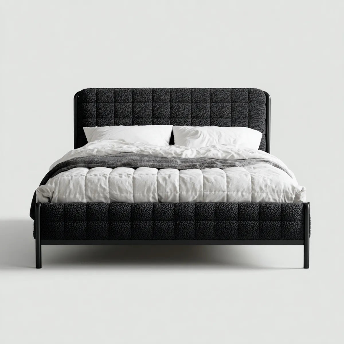 Lit double 160 x 200 cm noir en polyester bouclé avec cadre en acier rectangulaire