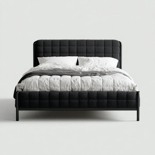 Lit double 160 x 200 cm noir en polyester bouclé avec cadre en acier rectangulaire