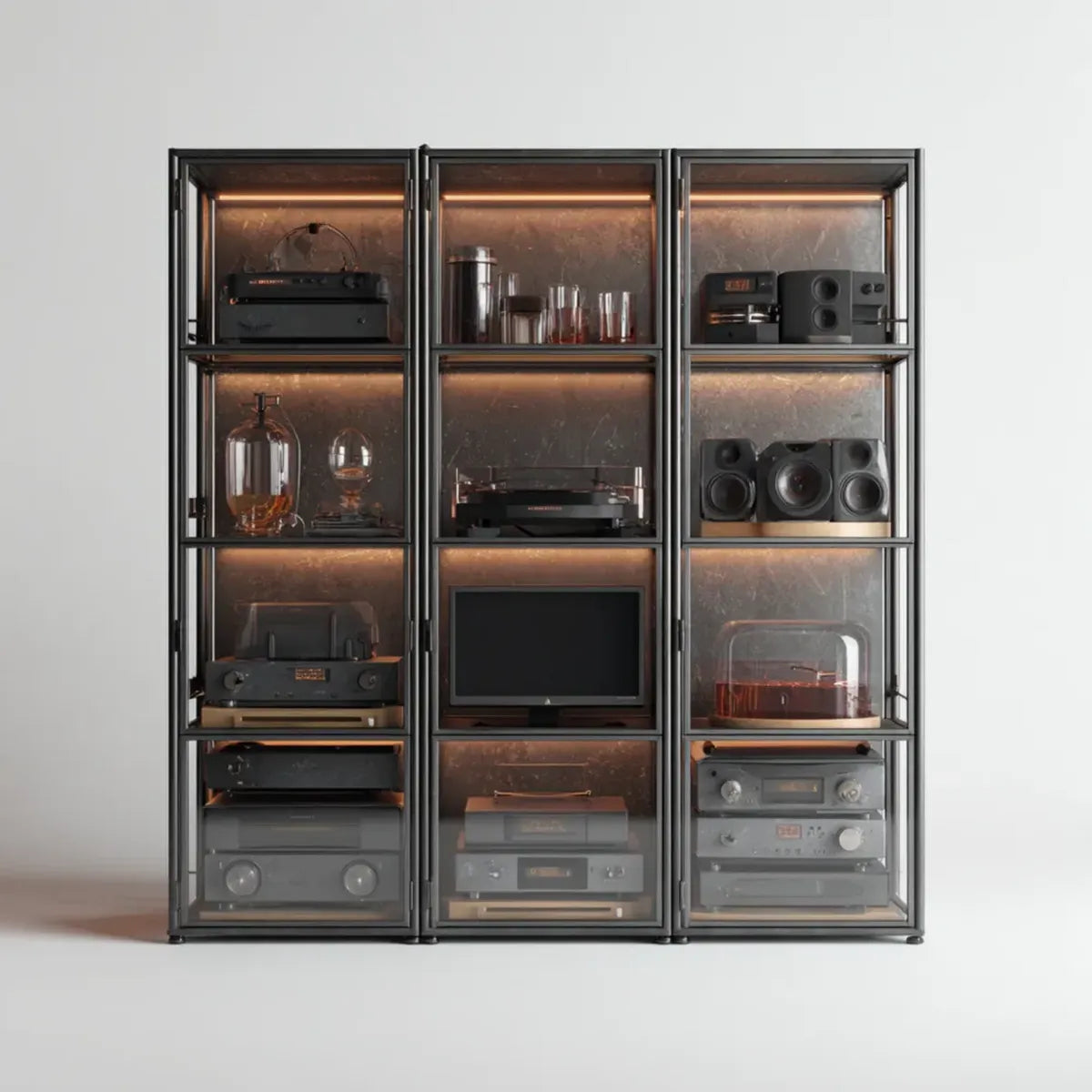 Ensemble de 3 vitrines de salon noires en acier et verre fumé 180 x 40 x 200 cm