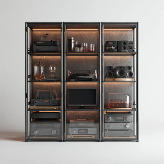 Ensemble de 3 vitrines de salon noires en acier et verre fumé 180 x 40 x 200 cm