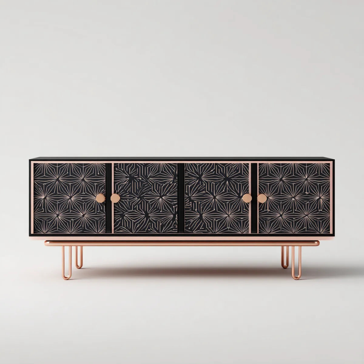 Buffet 4 portes noir et cuivre 160 x 40 x 80 cm en MDF et acier rectangulaire