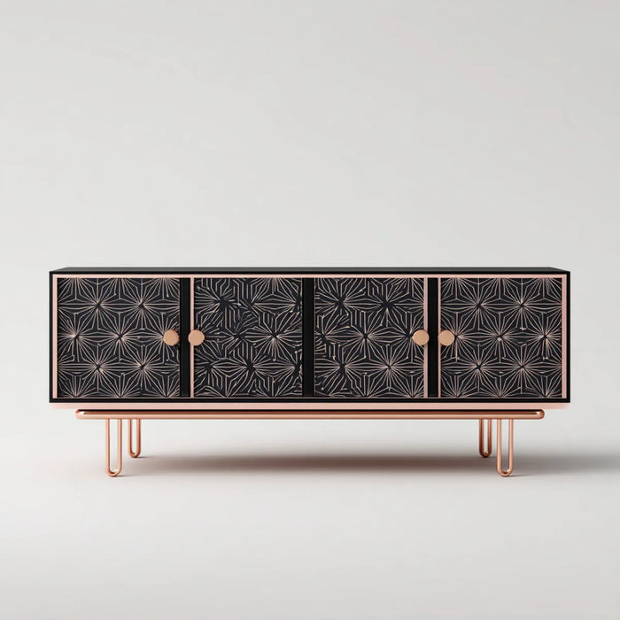 Buffet 4 portes noir et cuivre 160 x 40 x 80 cm en MDF et acier rectangulaire