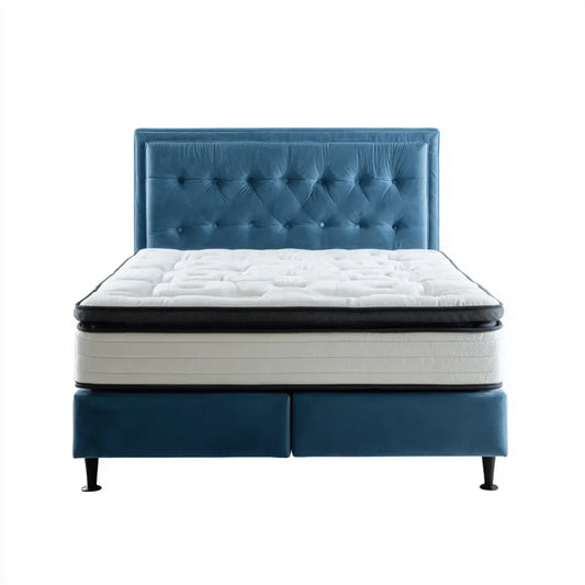 Ensemble lit double avec matelas bleu pétrole et blanc 160 x 200 cm en velours polyester forme rectangulaire