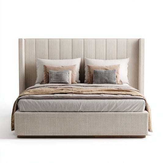 Lit double beige à tête de lit haute 160 x 200 cm en polyester rectangulaire
