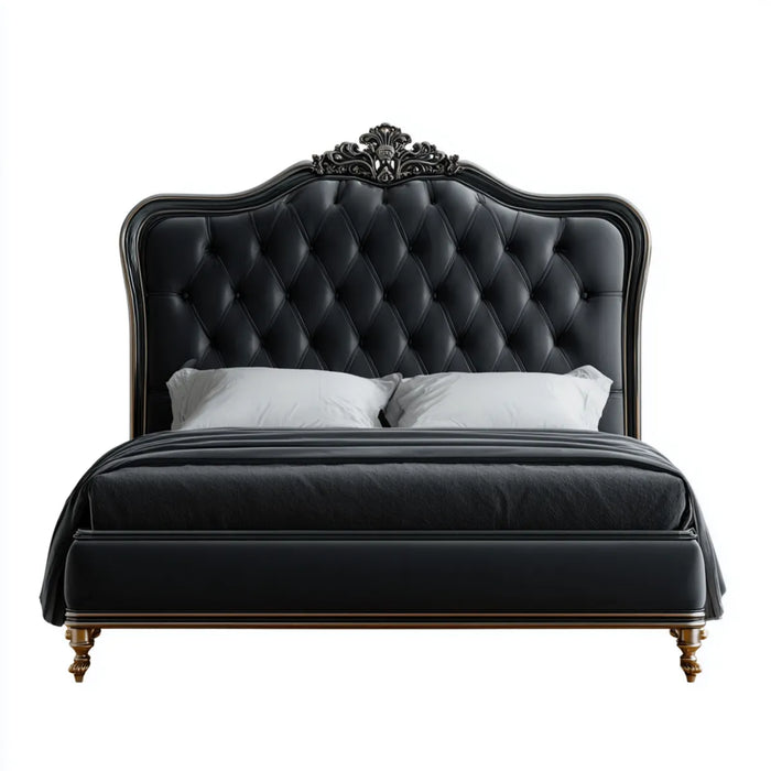 Lit double 180 x 200 cm noir en cuir synthétique PU avec tête de lit capitonnée forme rectangulaire