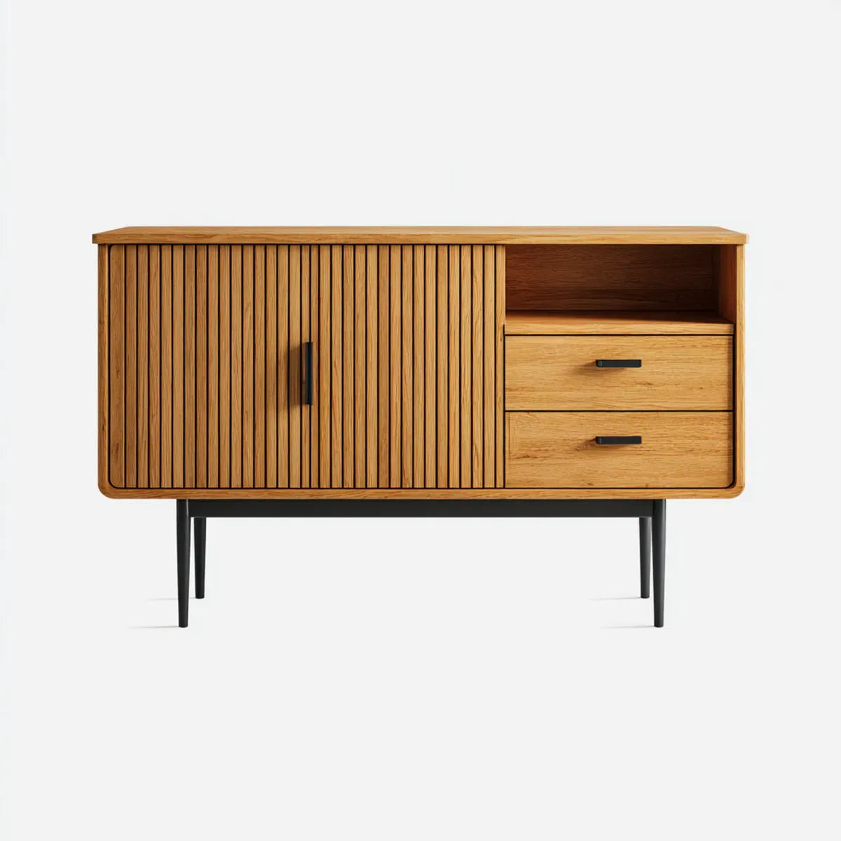 Buffet de rangement en chêne naturel et acier noir rectangulaire 120 x 40 x 80 cm avec porte coulissante et 2 tiroirs