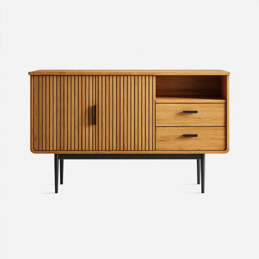 Buffet de rangement en chêne naturel et acier noir rectangulaire 120 x 40 x 80 cm avec porte coulissante et 2 tiroirs