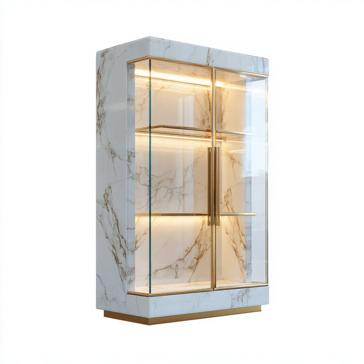 Vitrine de salon 2 portes blanche dorée en verre trempé effet marbre rectangulaire 100 x 40 x 180 cm