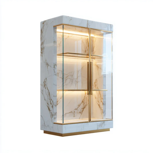 Vitrine de salon 2 portes blanche dorée en verre trempé effet marbre rectangulaire 100 x 40 x 180 cm