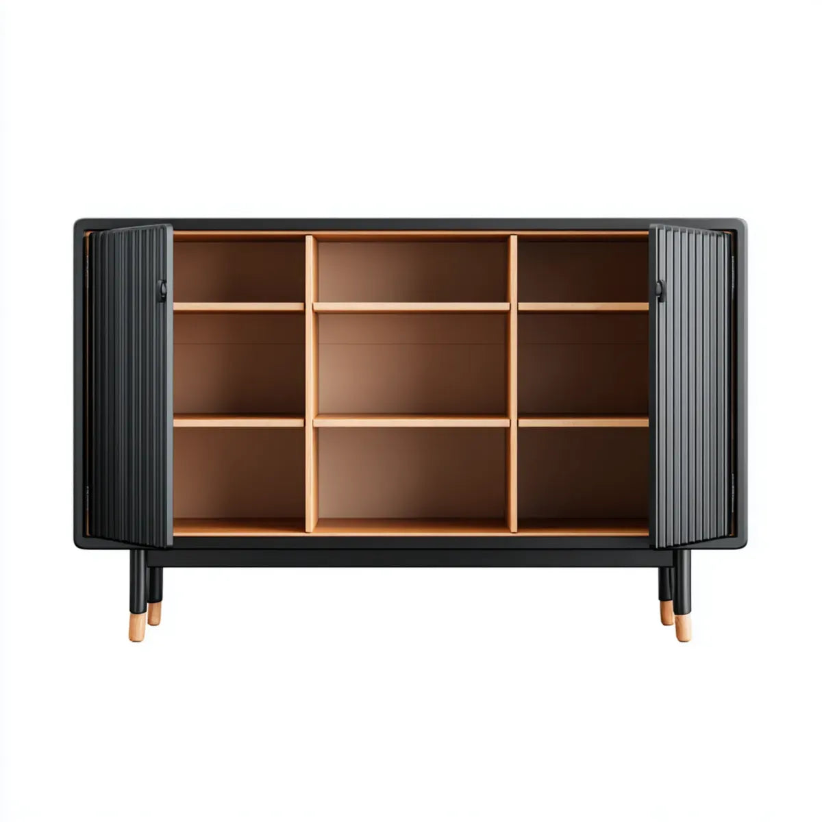 Buffet bas de rangement noir et noyer 160 x 40 x 90 cm en panneaux MDF rectangulaire à 2 portes