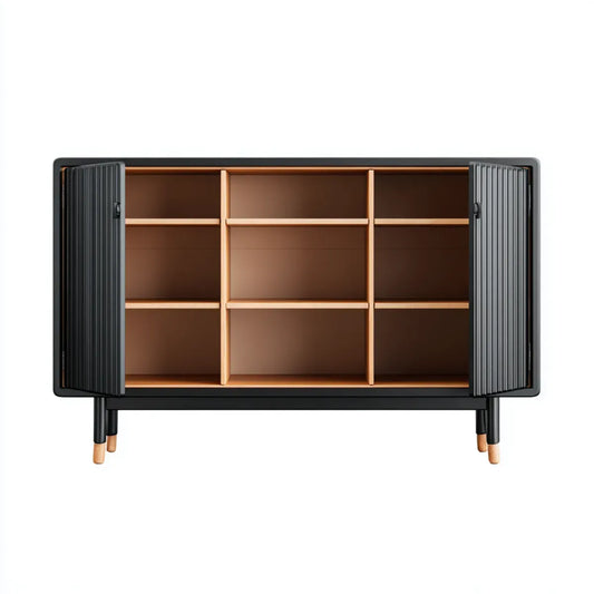 Buffet bas de rangement noir et noyer 160 x 40 x 90 cm en panneaux MDF rectangulaire à 2 portes