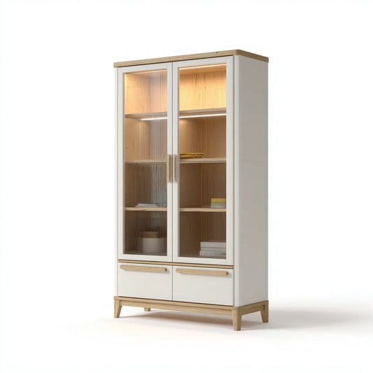 Vitrine de salon blanche et chêne à 2 portes vitrées 100 x 40 x 190 cm en MDF verre trempé et placage chêne rectangulaire