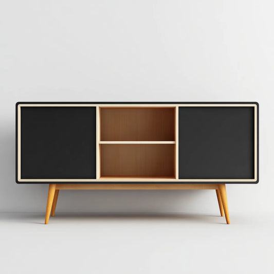 Buffet bas de salon rectangulaire noir et naturel 160 x 40 x 85 cm en MDF mélaminé et bois massif